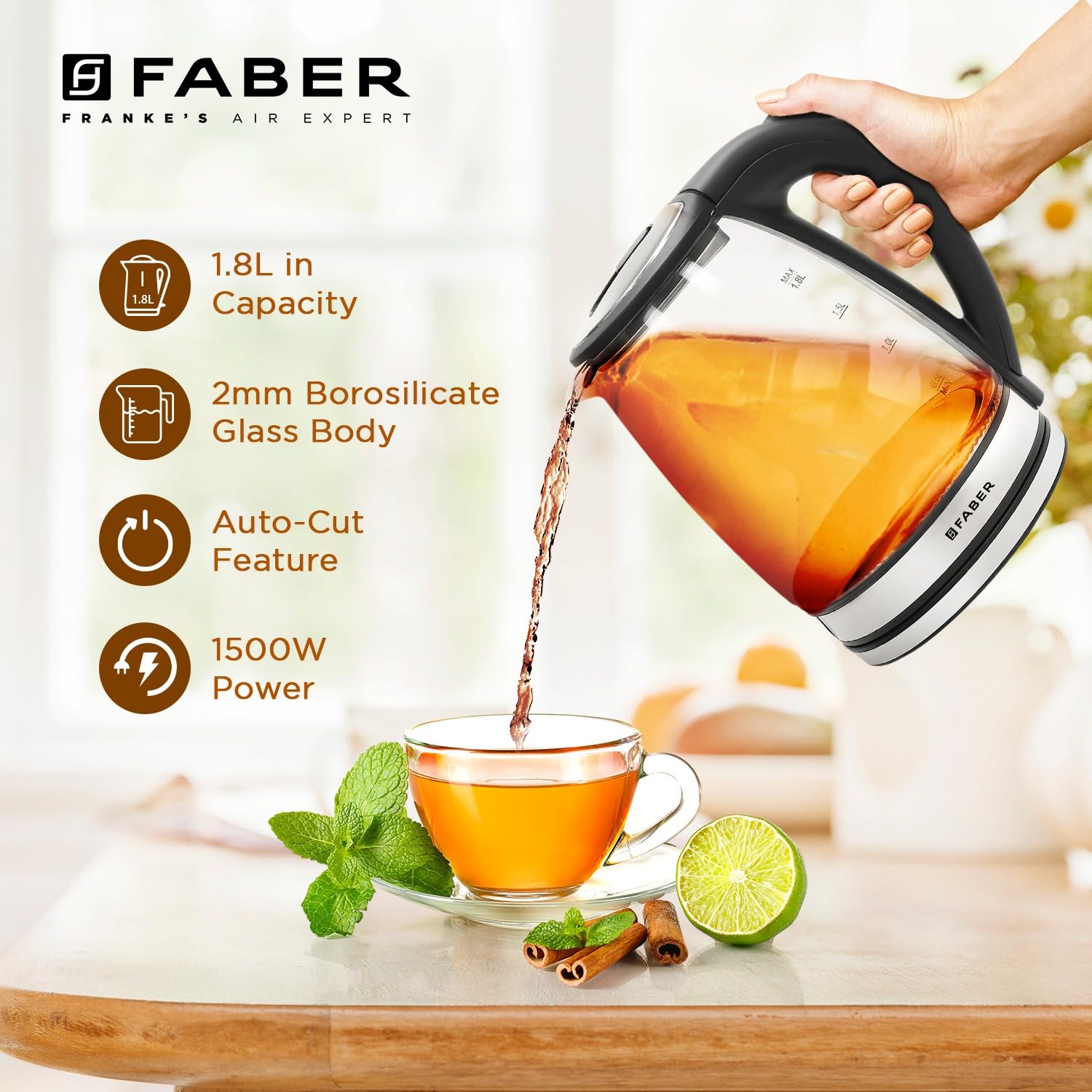 Faber 1.8L Electric Glass Kettle 1500W 2mm Borosilicate Glass
